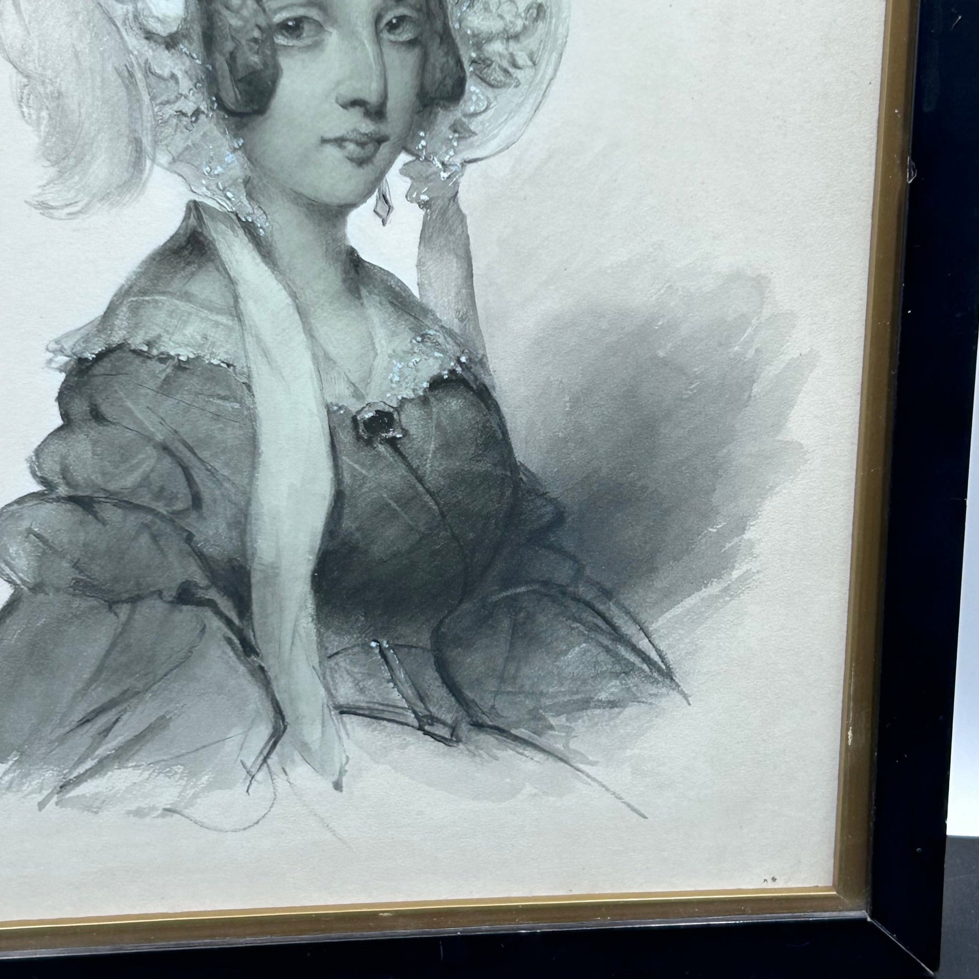 Antique victorian watercolour of a lady in bonnet, JAs Shoolbred label - Splendid Vintage World
