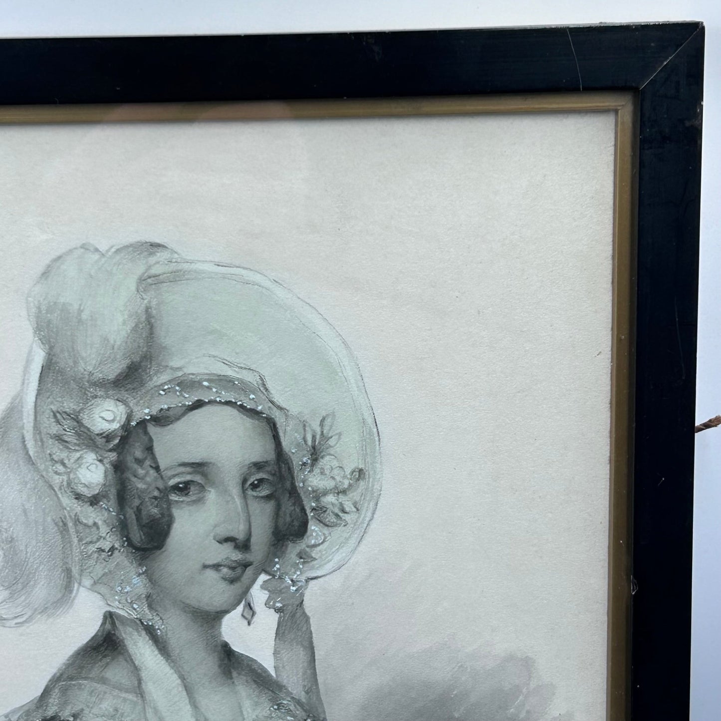 Antique victorian watercolour of a lady in bonnet, JAs Shoolbred label - Splendid Vintage World
