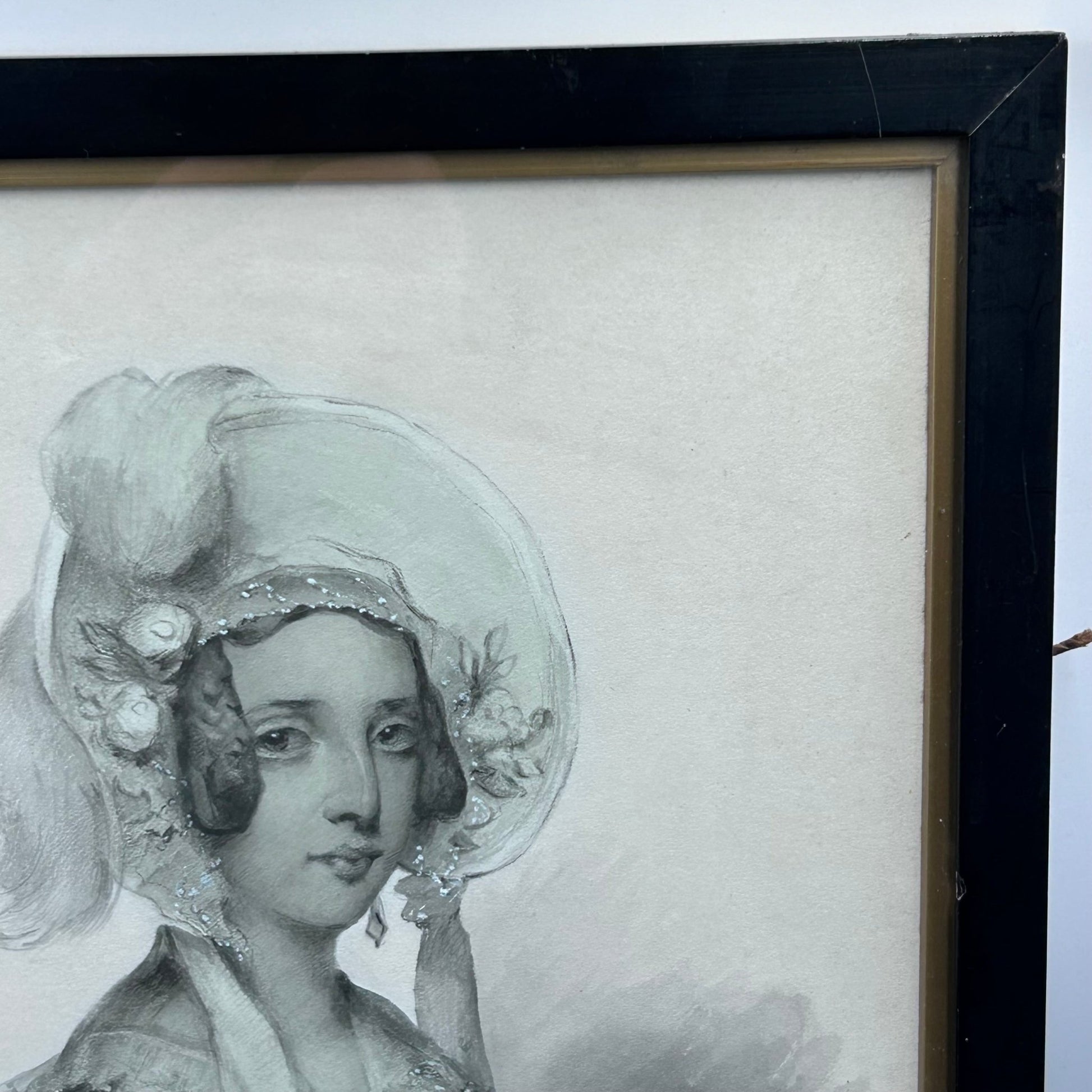 Antique victorian watercolour of a lady in bonnet, JAs Shoolbred label - Splendid Vintage World