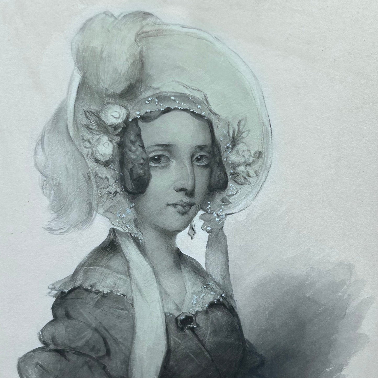 Antique victorian watercolour of a lady in bonnet, JAs Shoolbred label - Splendid Vintage World
