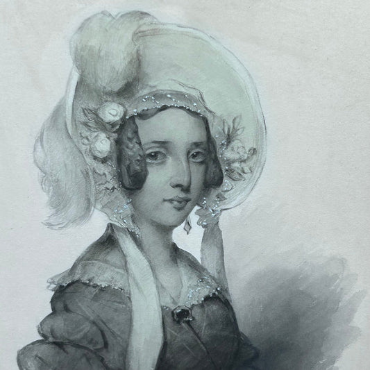 Antique victorian watercolour of a lady in bonnet, JAs Shoolbred label - Splendid Vintage World