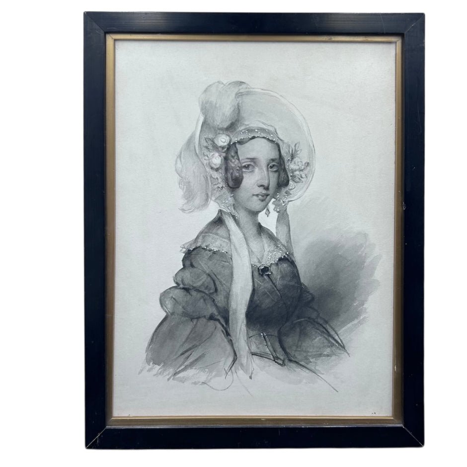 Antique victorian watercolour of a lady in bonnet, JAs Shoolbred label - Splendid Vintage World