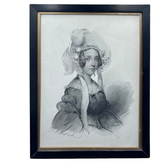 Antique victorian watercolour of a lady in bonnet, JAs Shoolbred label - Splendid Vintage World