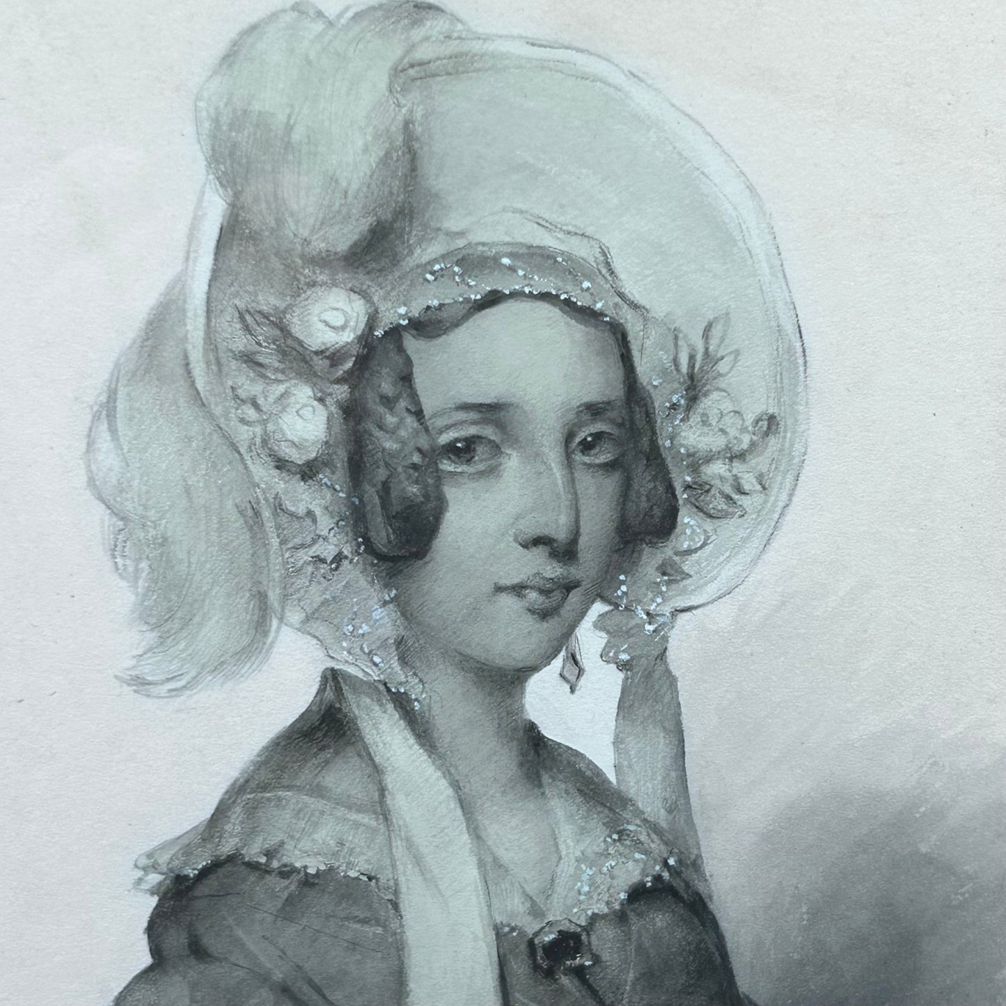 Antique victorian watercolour of a lady in bonnet, JAs Shoolbred label - Splendid Vintage World