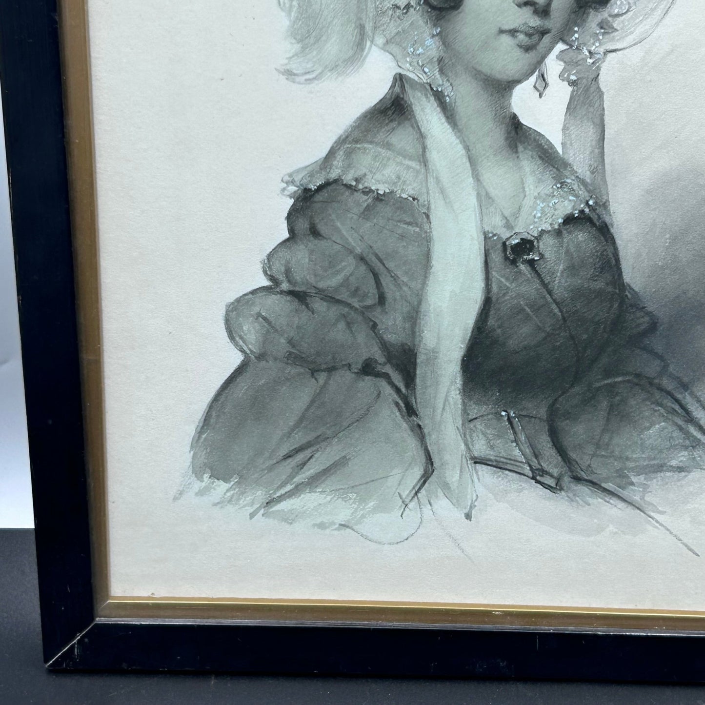 Antique victorian watercolour of a lady in bonnet, JAs Shoolbred label - Splendid Vintage World