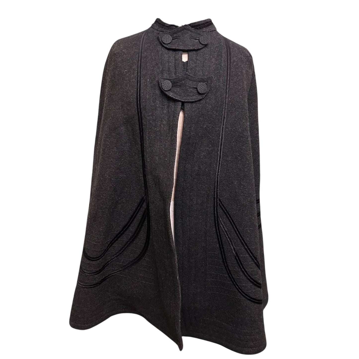Antique Victorian dark grey wool cape on mannequin on white background - Splendid Vintage World