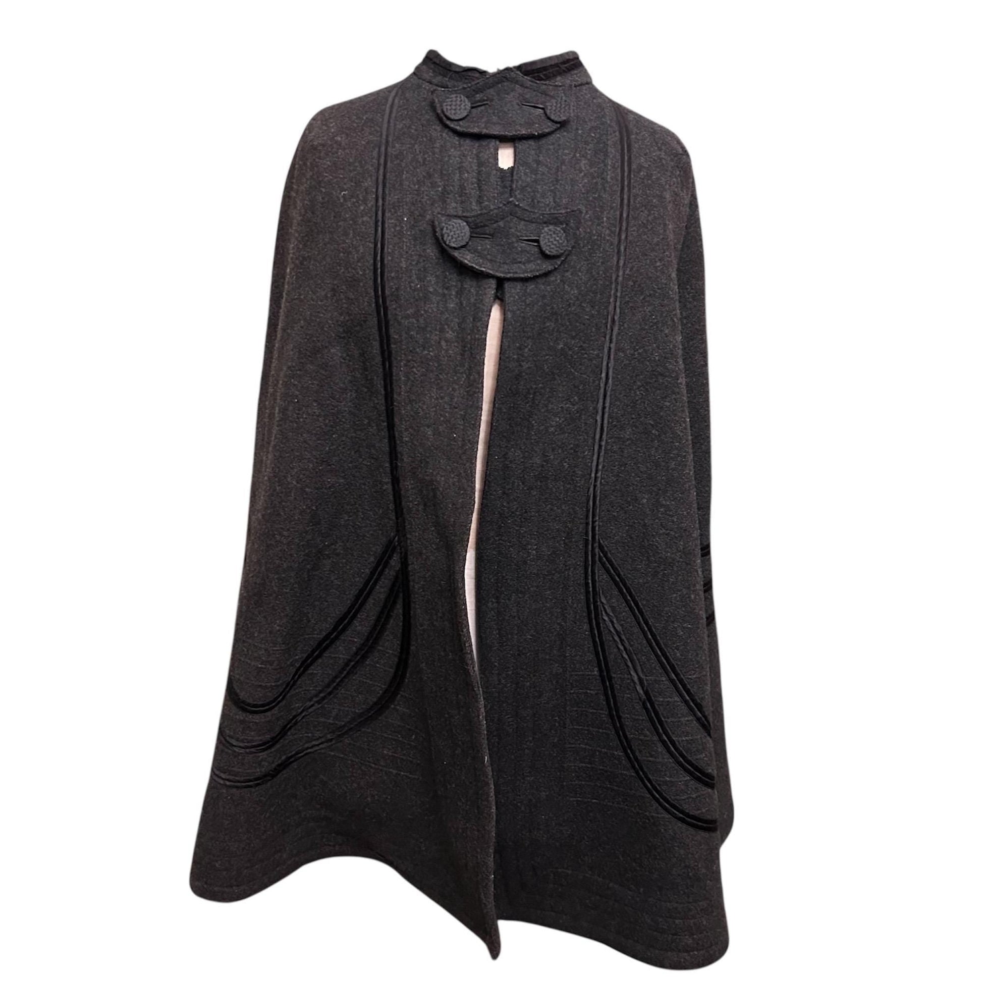 Antique Victorian dark grey wool cape on mannequin on white background - Splendid Vintage World