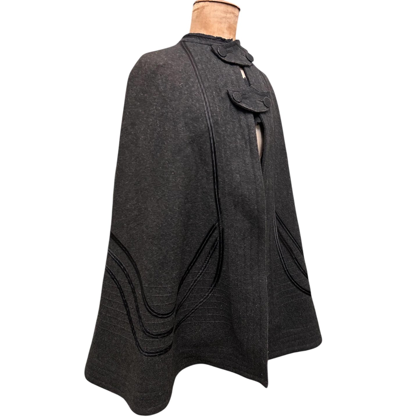 Antique Victorian dark grey wool cape on mannequin on white background - Splendid Vintage World