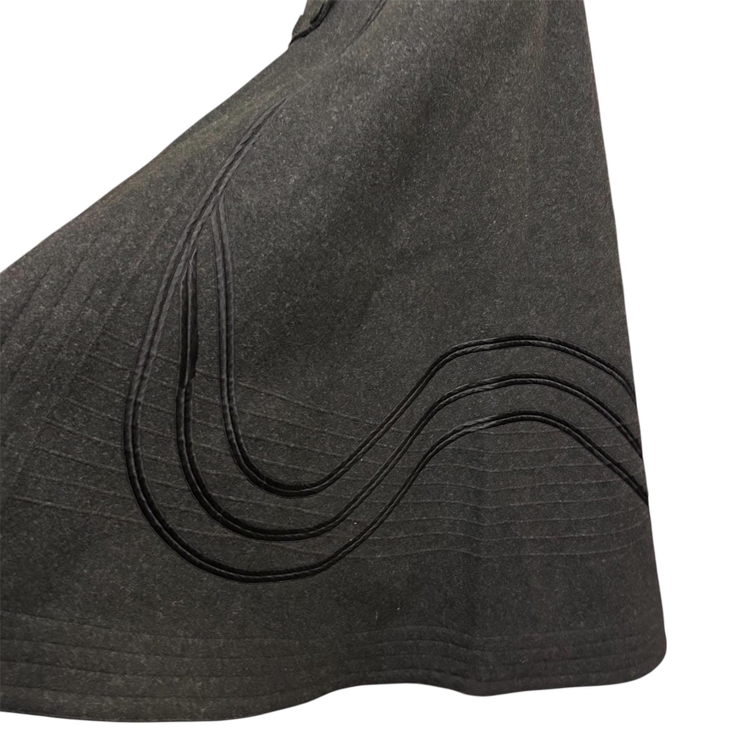 dark grey wool cape with black wavy line decoration on white backdrop - Splendid Vintage World