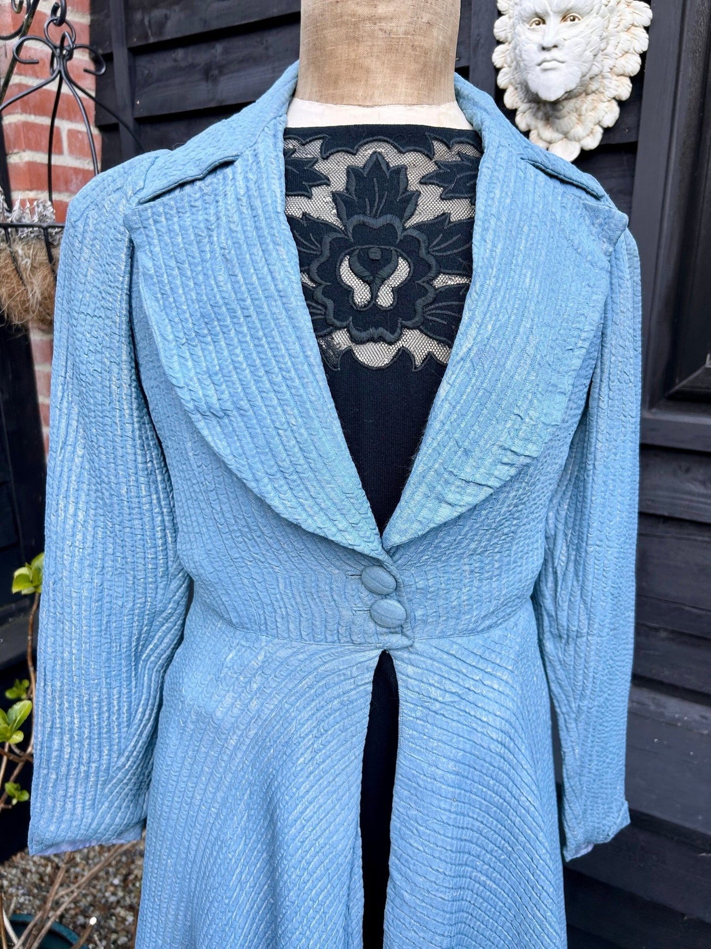 Antique Vintage lame coat blue & silver large collar fit and flare - Splendid Vintage World