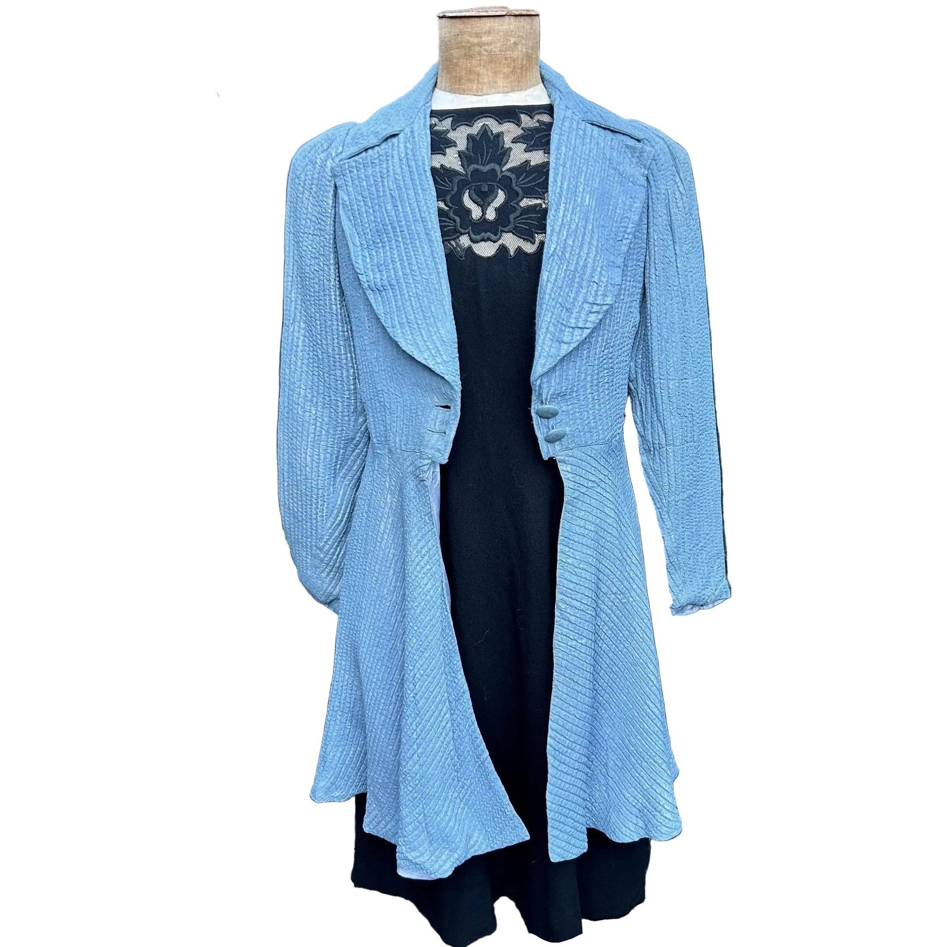 Vintage lame coat blue & silver large collar fit and flare over black dress on white ground - Splendid Vintage World