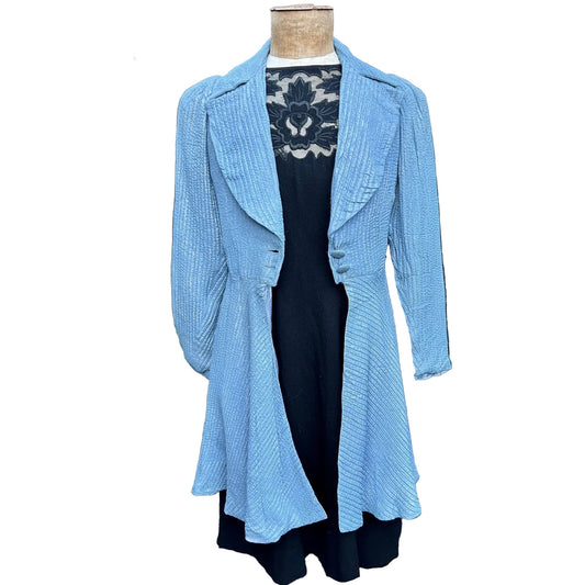 Vintage lame coat blue & silver large collar fit and flare over black dress on white ground - Splendid Vintage World