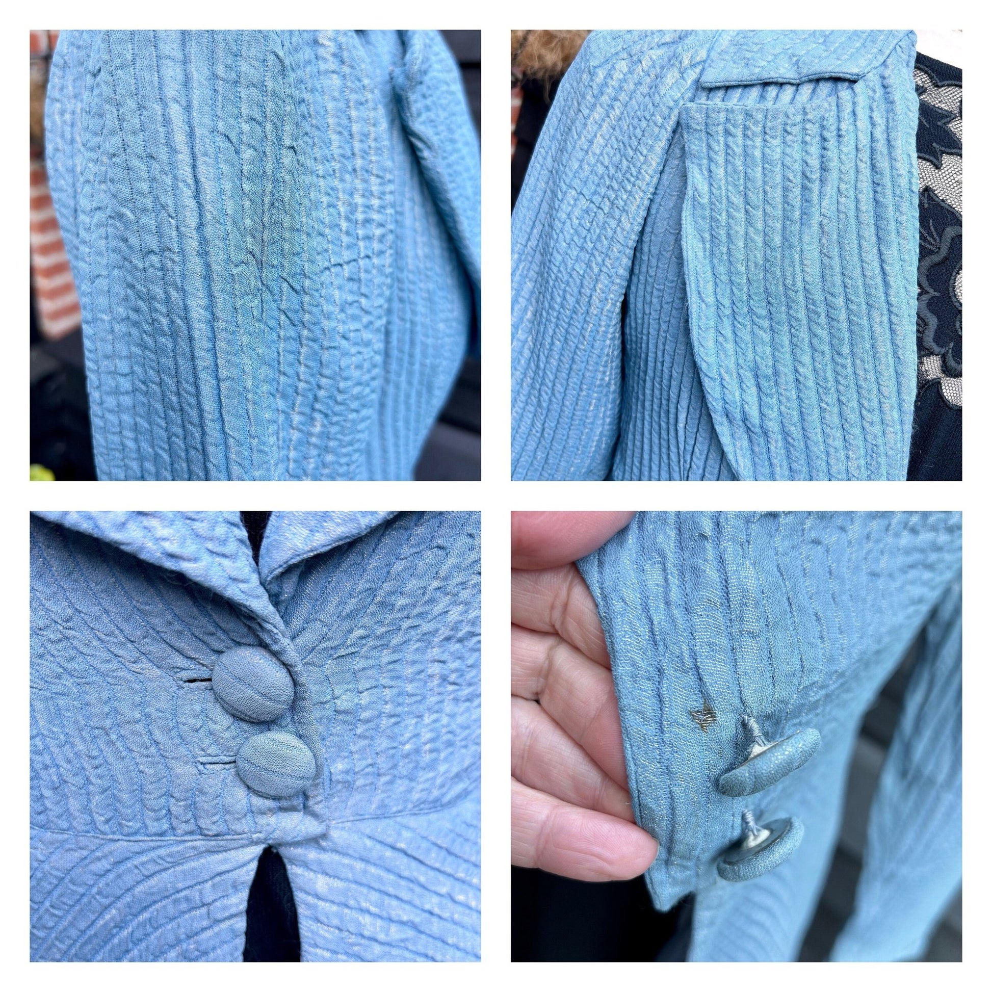 Antique Vintage lame coat blue & silver large collar fit and flare - Splendid Vintage World