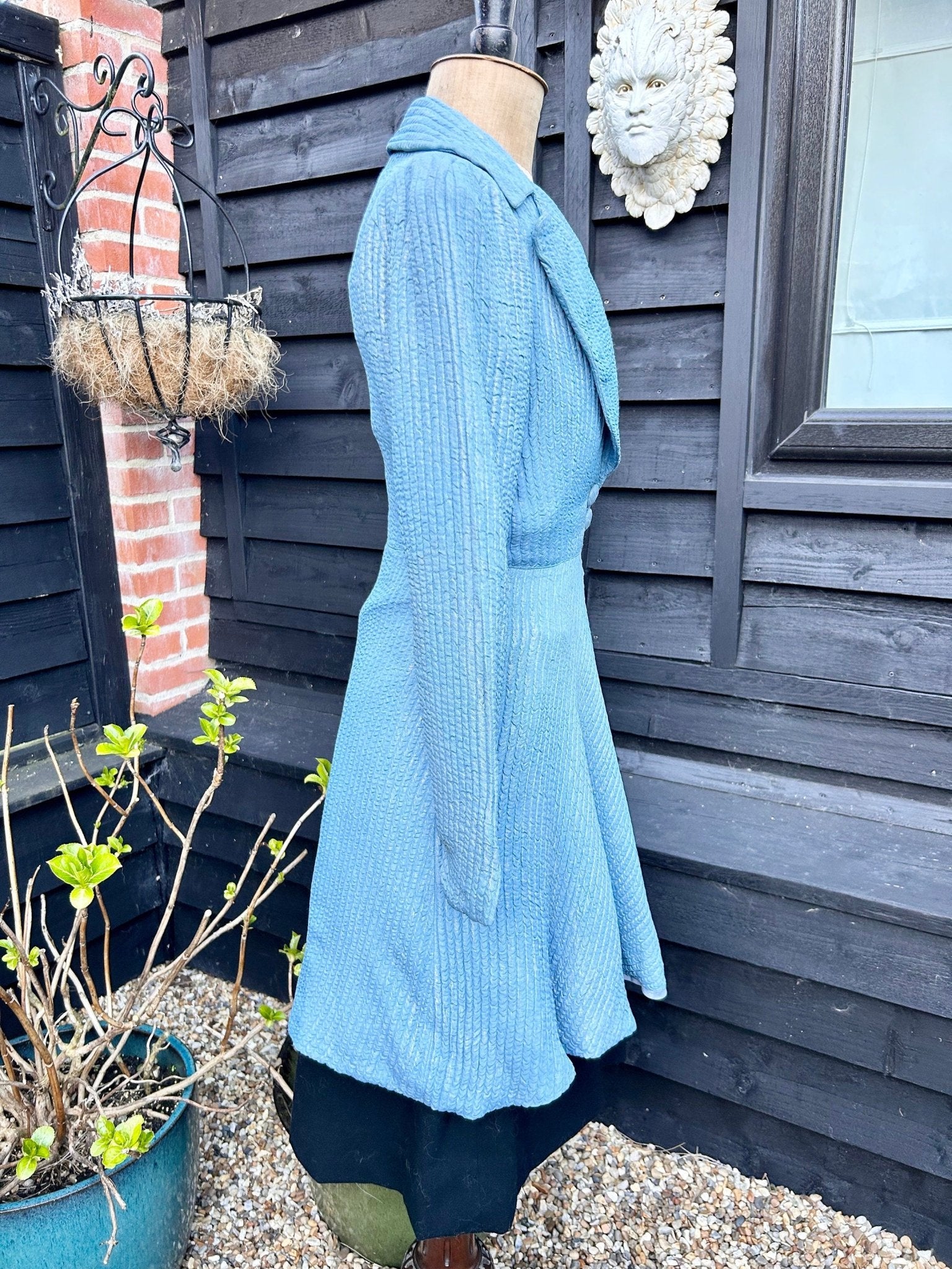 Antique Vintage lame coat blue & silver large collar fit and flare - Splendid Vintage World