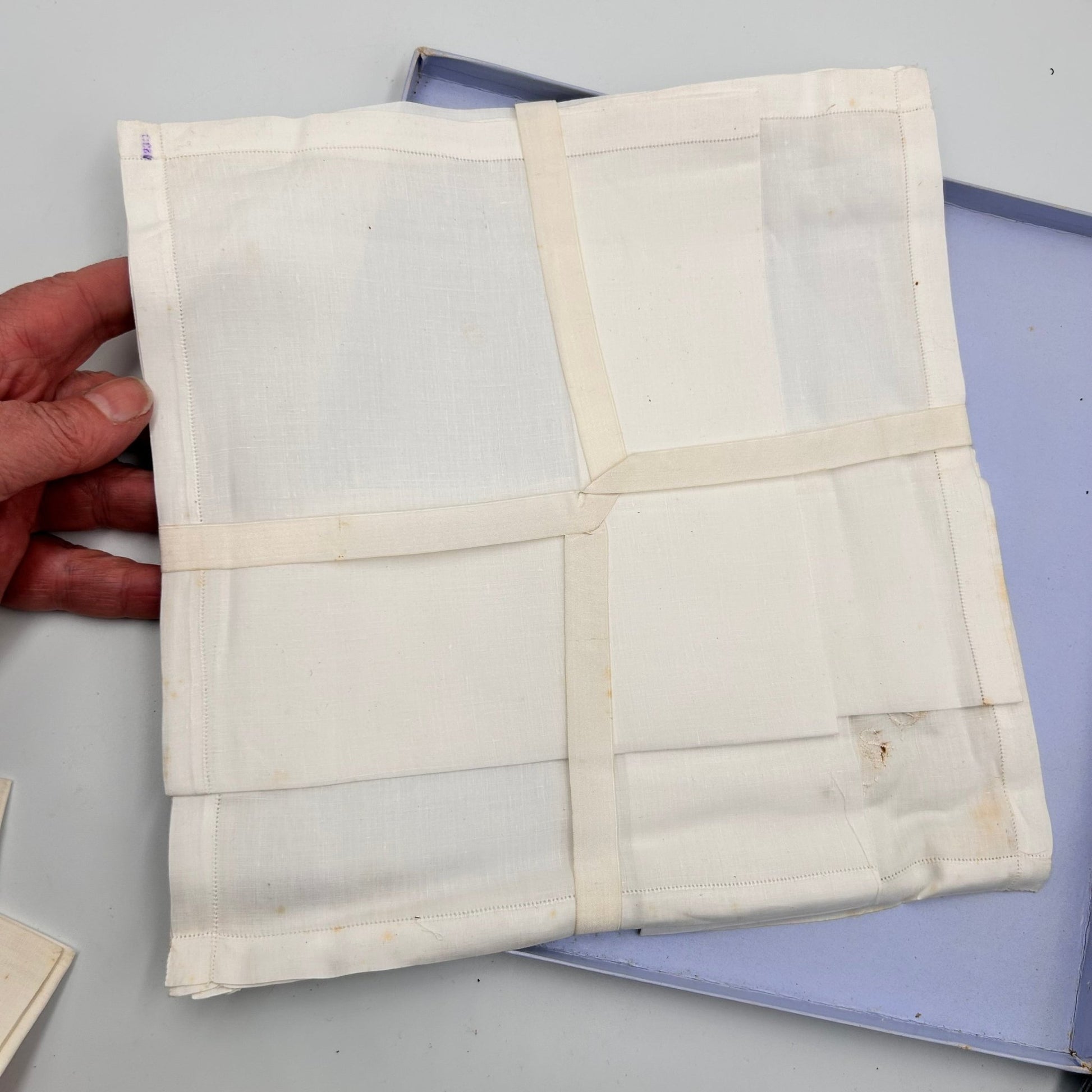 Antique Walpole brothers Linen handkerchiefs above box - Splendid Vintage World