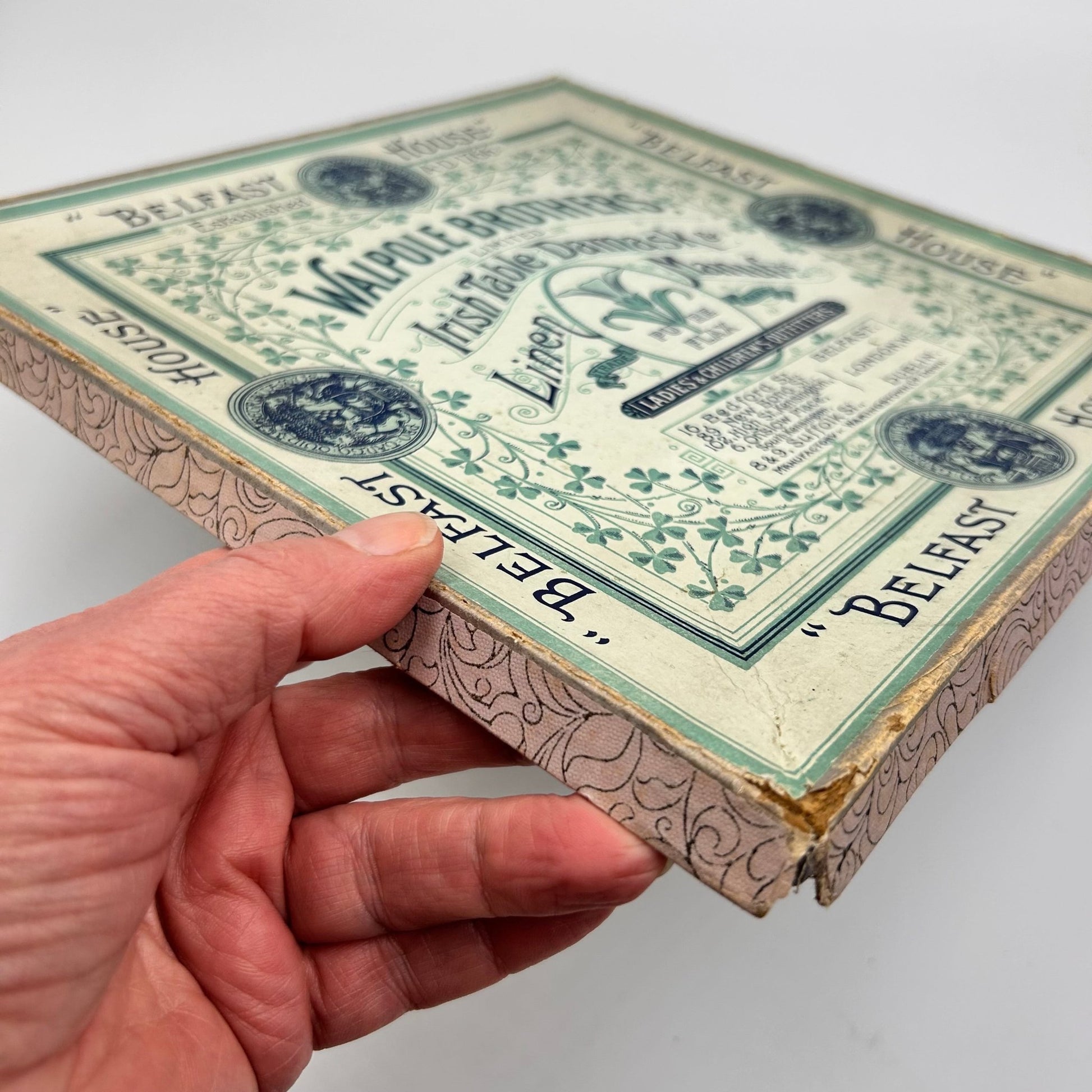 Antique Walpole brothers Linen handkerchiefs box held by hand - Splendid Vintage World