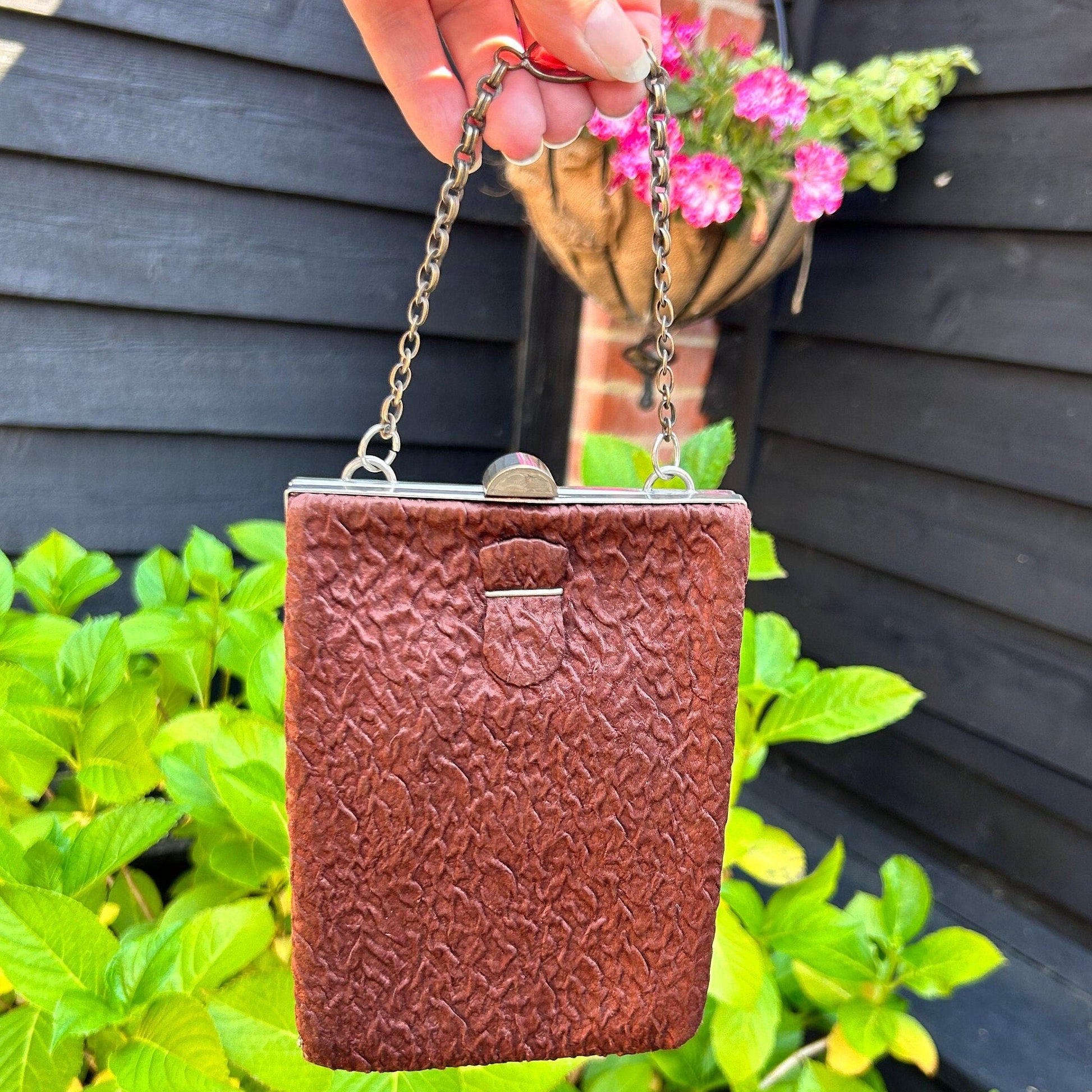Art Deco Brown Satin Ruched British Made Chain Handle handbag with internal fitted coin purse - Splendid Vintage World