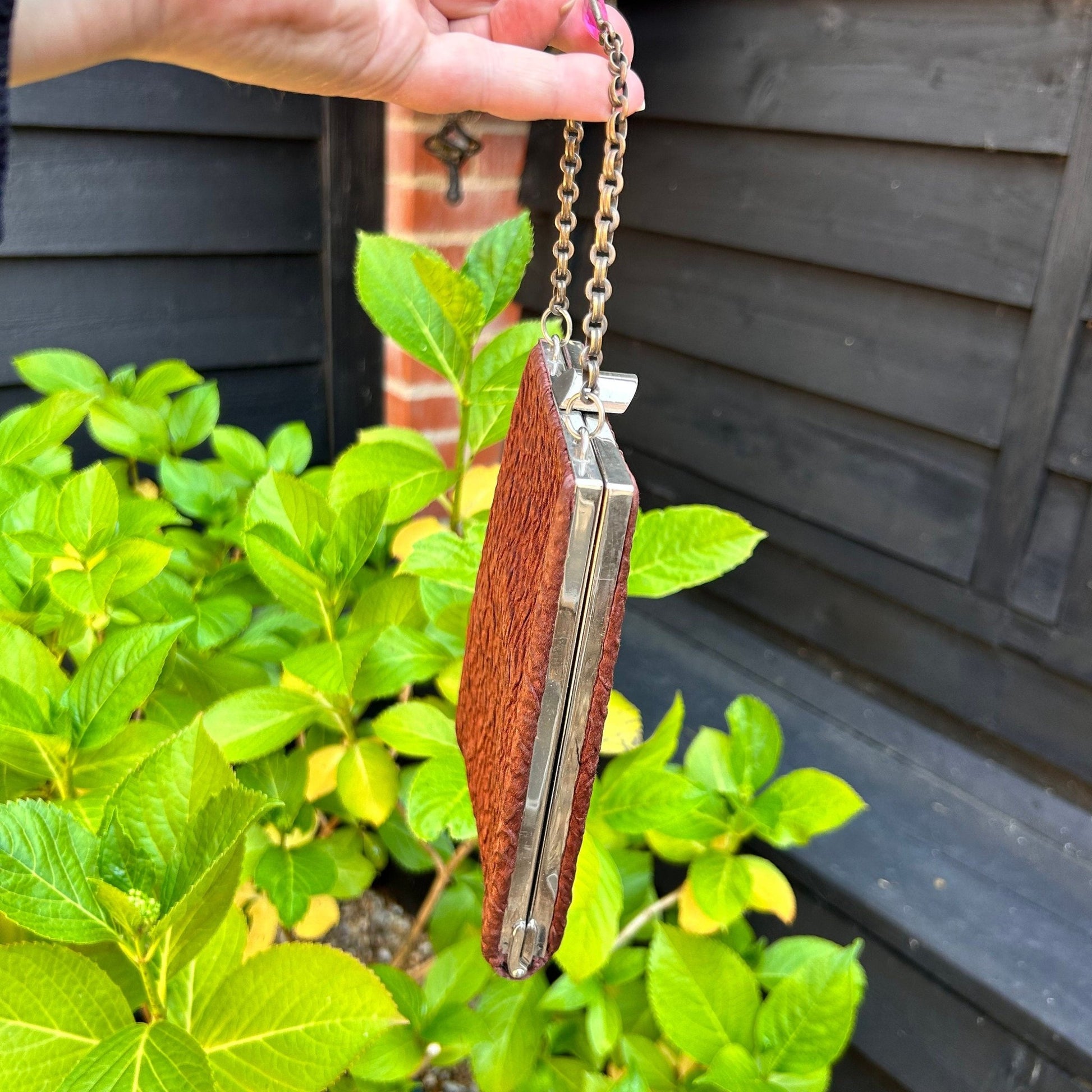 side view of Art Deco Brown Satin Ruched Handbag: Vintage British Made Chain Handle Bag - Splendid Vintage World
