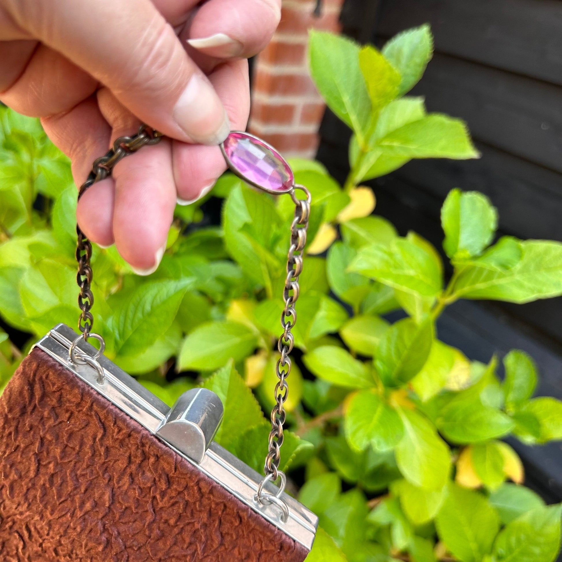 chain close up of Art Deco Brown Satin Ruched Handbag: Vintage British Made Chain Handle Bag - Splendid Vintage World