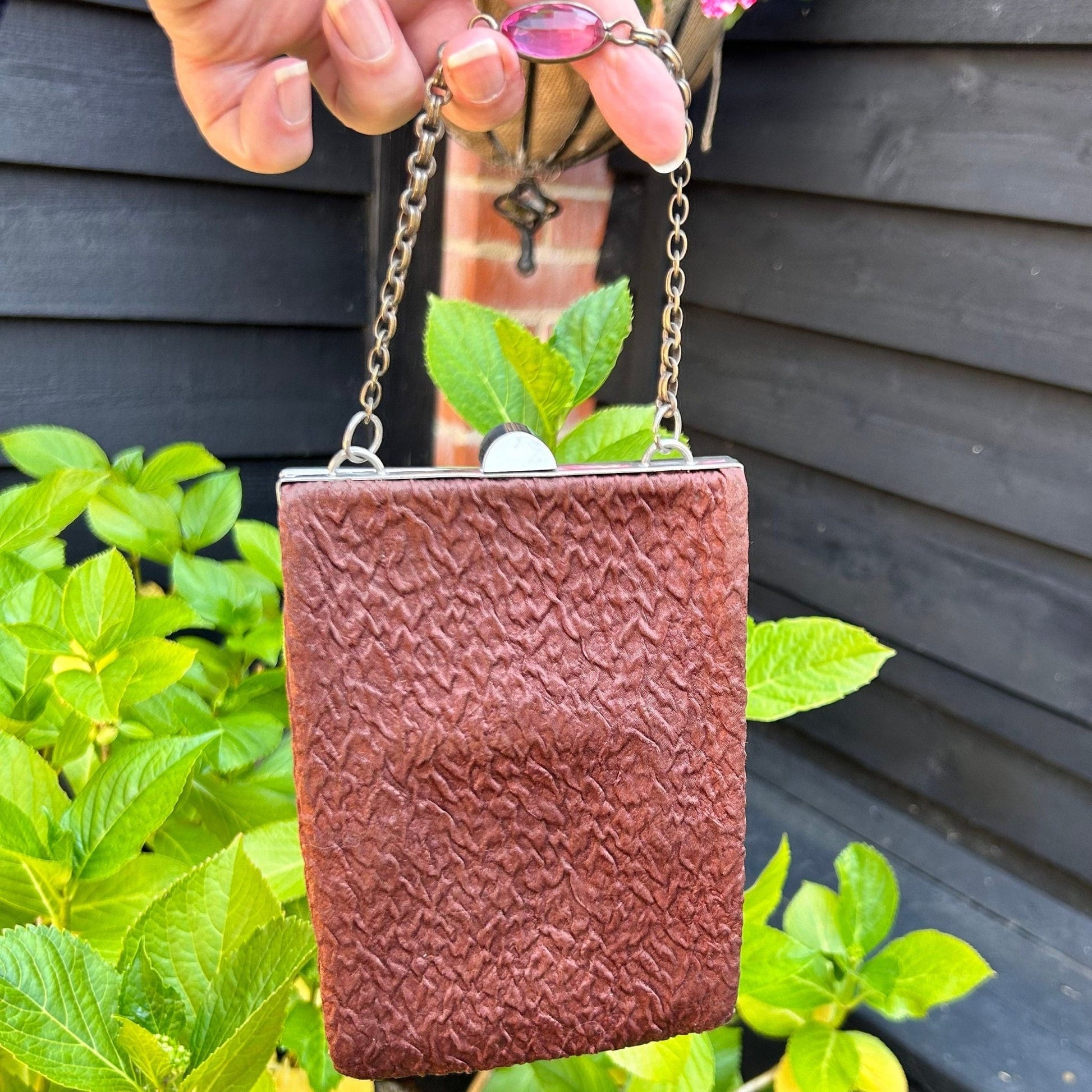Art Deco Brown Satin Ruched Handbag: Vintage British Made Chain Handle Bag - Splendid Vintage World
