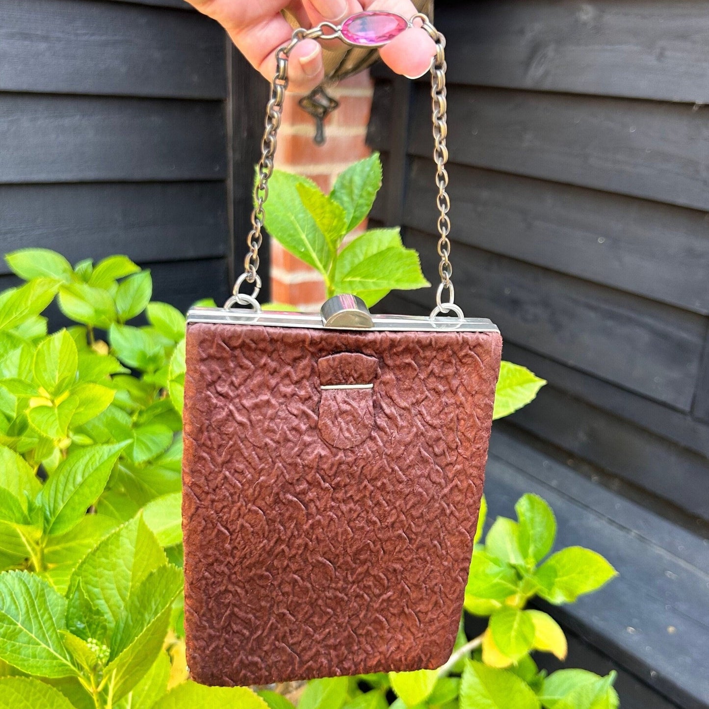Art Deco Brown Satin Ruched Handbag with Chain Handle, internal coin purse British made - Splendid Vintage World