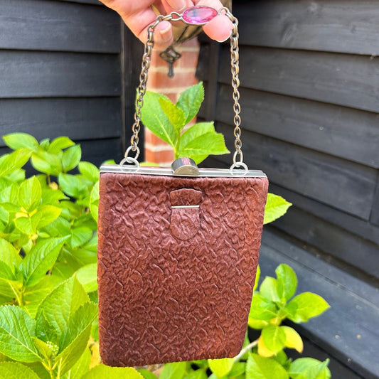 Art Deco Brown Satin Ruched Handbag with Chain Handle, internal coin purse British made - Splendid Vintage World