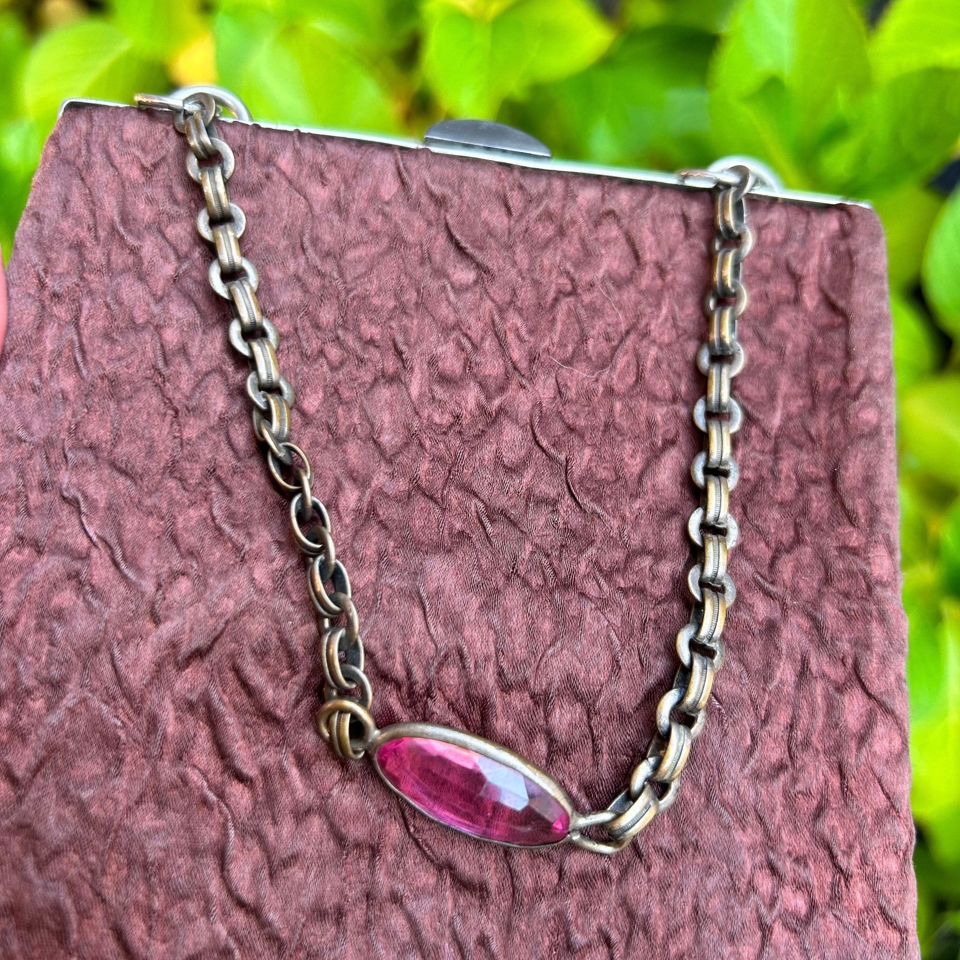 Art Deco Brown Satin Ruched Handbag British Made with Chain Handle & decorative pink stone - Splendid Vintage World