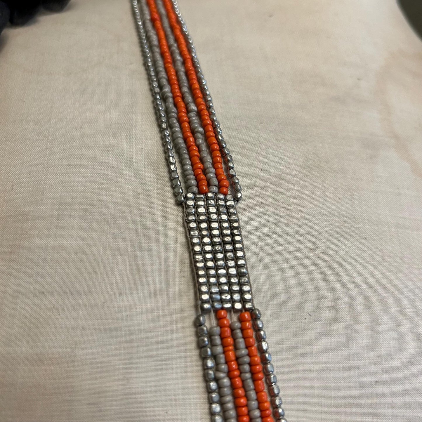 Art Deco Sautoir Necklace: Silver Metal , grey & Orange Glass Beads