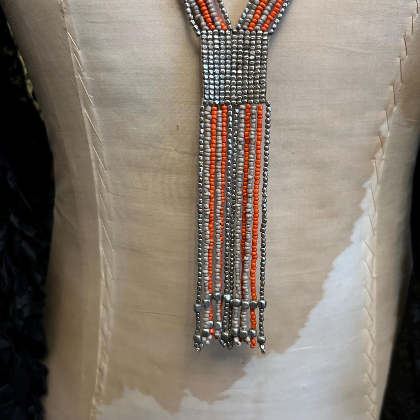 Art Deco Sautoir Necklace: Silver Metal , grey & Orange Glass Beads