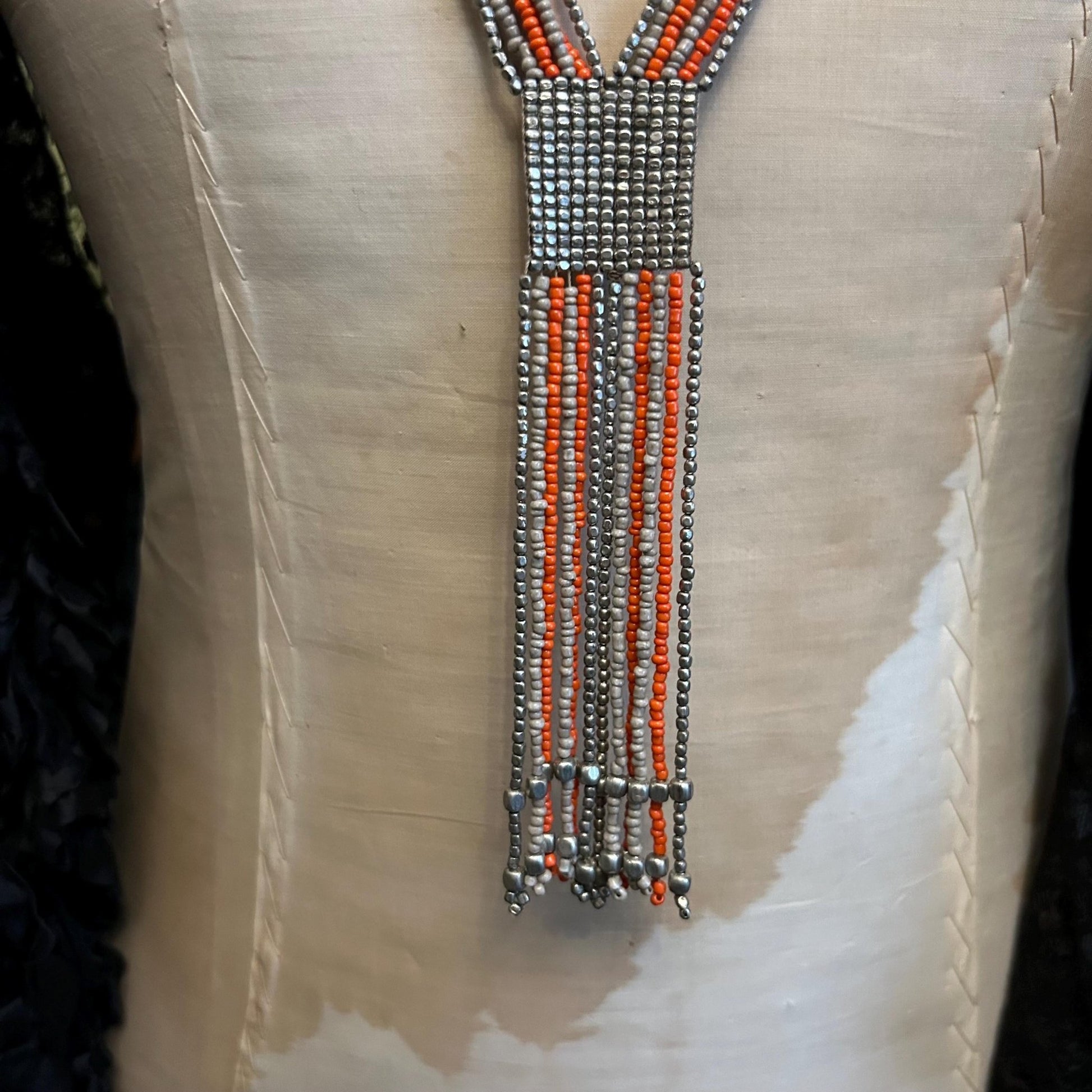 Art Deco Sautoir Necklace: Silver Metal , grey & Orange Glass Beads