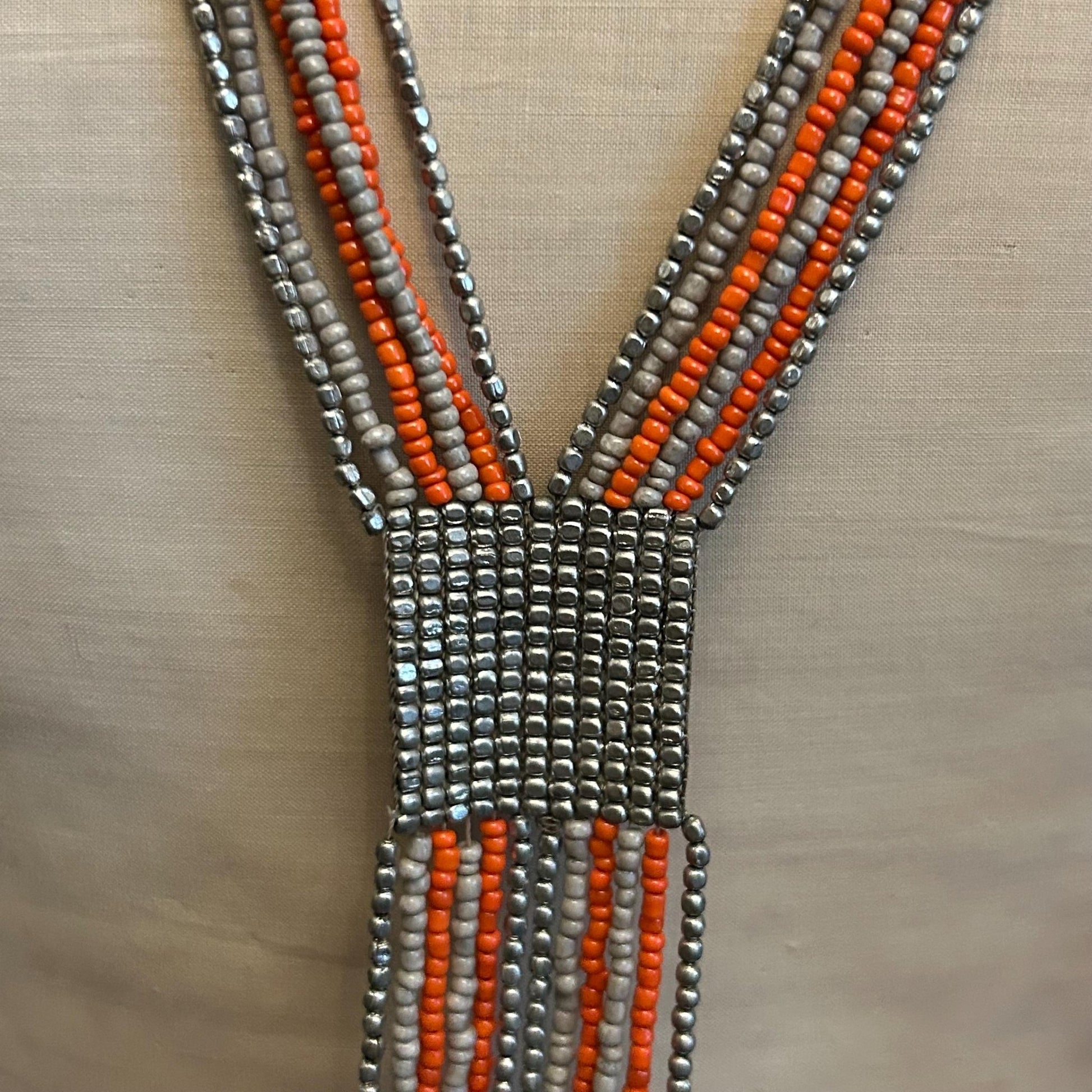 Art Deco Sautoir Necklace: Silver Metal , grey & Orange Glass Beads