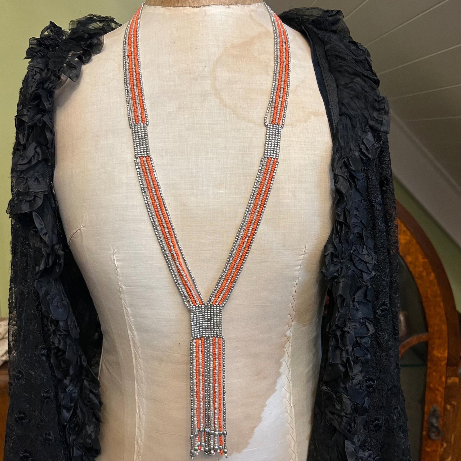 Art Deco Sautoir Necklace: Silver Metal, grey & Orange Glass Beads