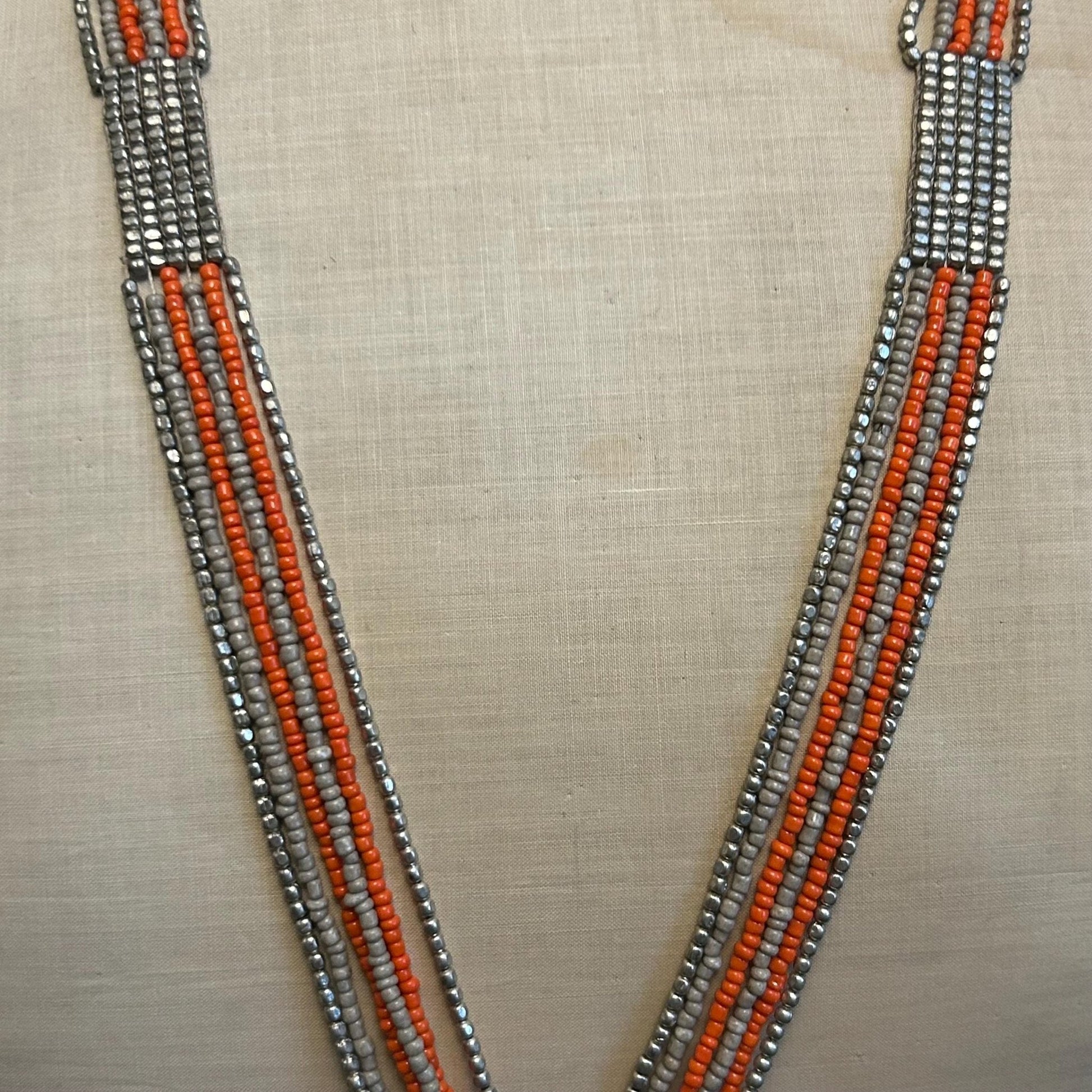 Art Deco Sautoir Necklace: Silver Metal, grey & Orange Glass Beads