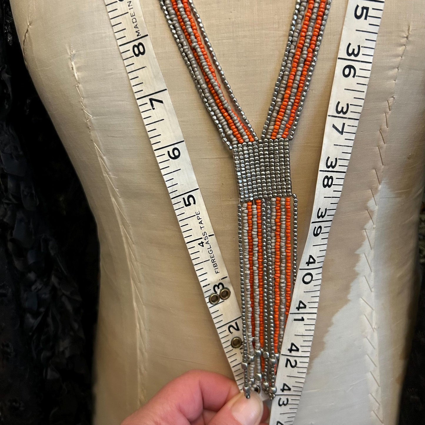 Art Deco Sautoir Necklace: Silver Metal, grey & Orange Glass Beads
