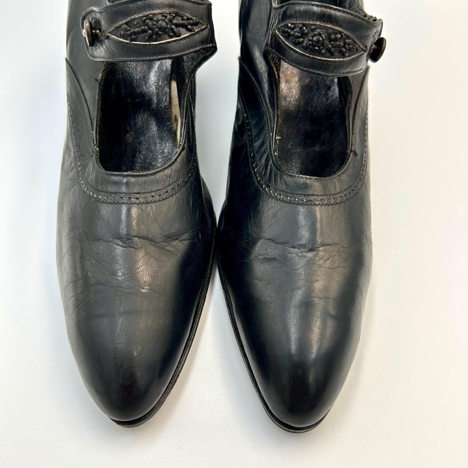 Edwardian 1910 1920s black shoes leather with black bead decoration & button fastening strap - Splendid Vintage World