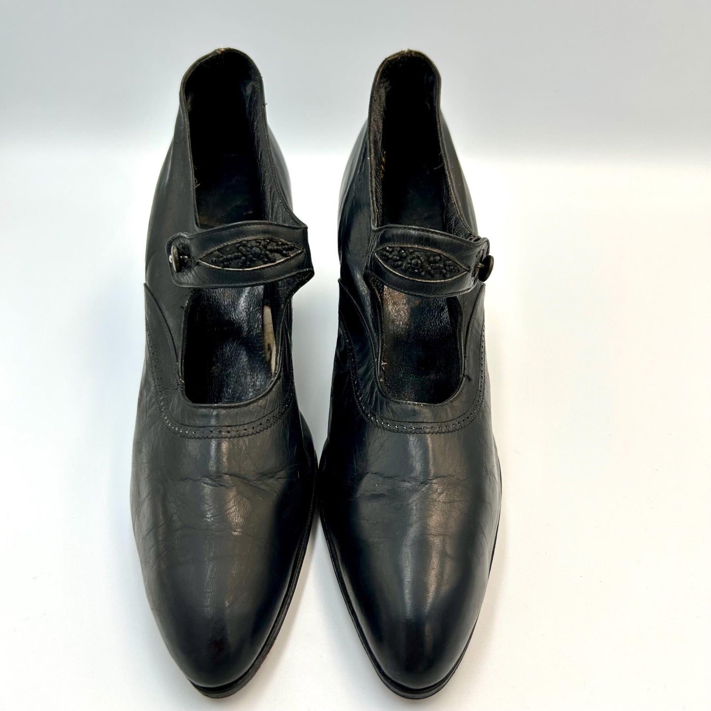Edwardian 1910 1920s black shoes leather with black bead decoration & button fastening strap - Splendid Vintage World