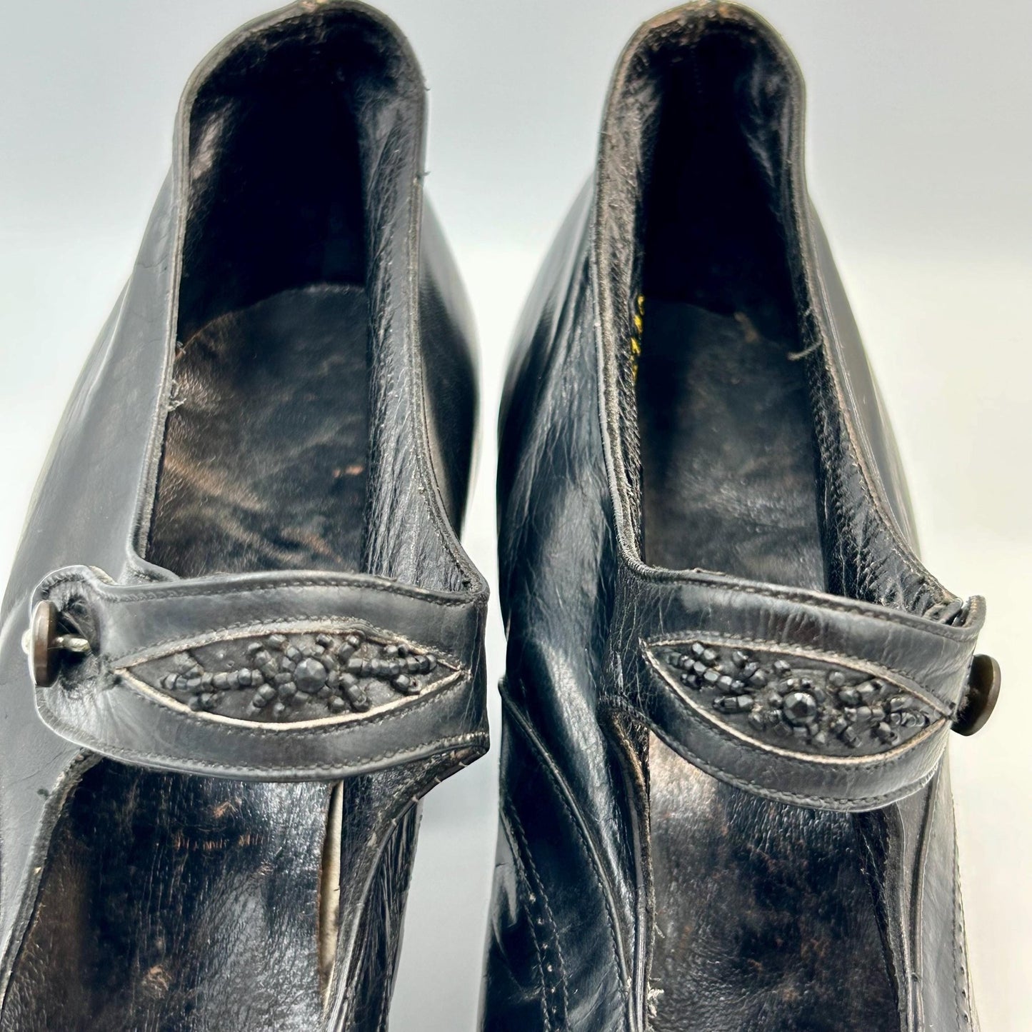 Edwardian 1910 1920s black shoes leather with black bead decoration & button fastening strap - Splendid Vintage World