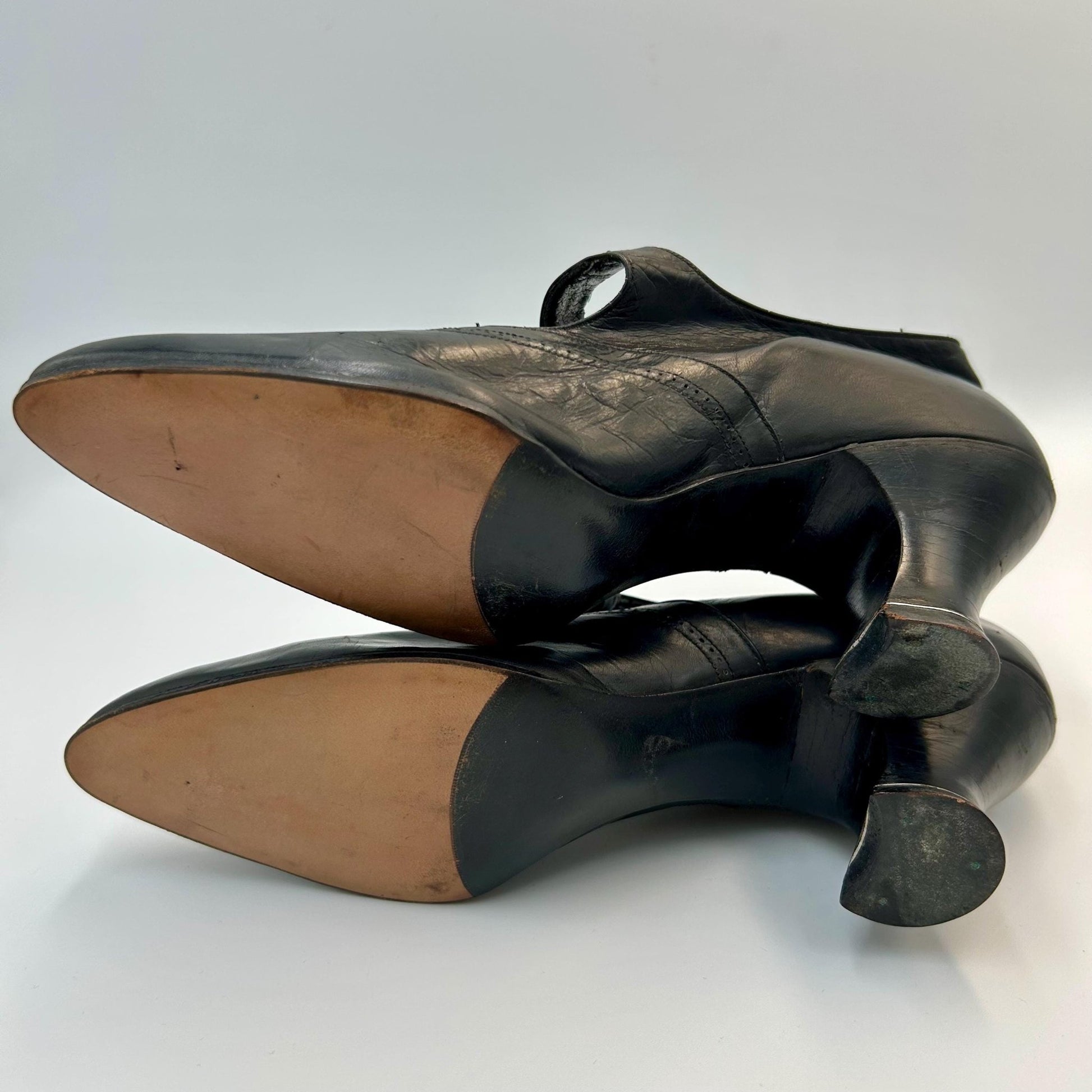 Edwardian 1910 1920s black shoes leather with black bead decoration & button fastening strap - Splendid Vintage World