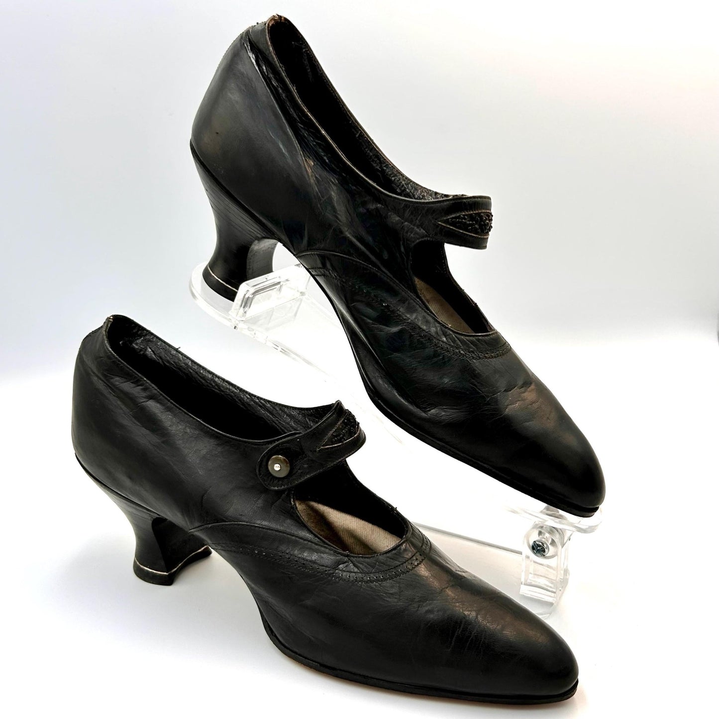 Edwardian 1910 1920s black shoes leather with black bead decoration & button fastening strap - Splendid Vintage World