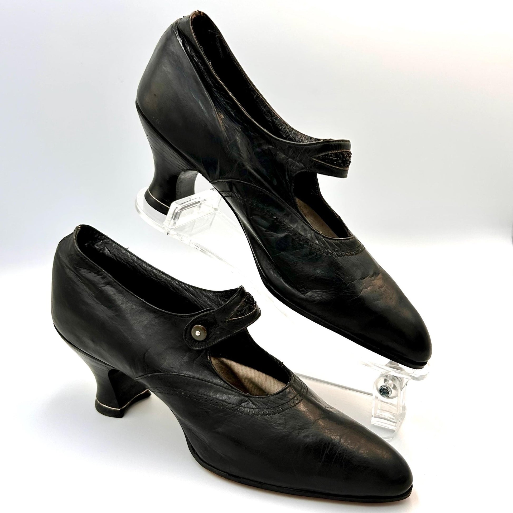 Edwardian 1910 1920s black shoes leather with black bead decoration & button fastening strap - Splendid Vintage World