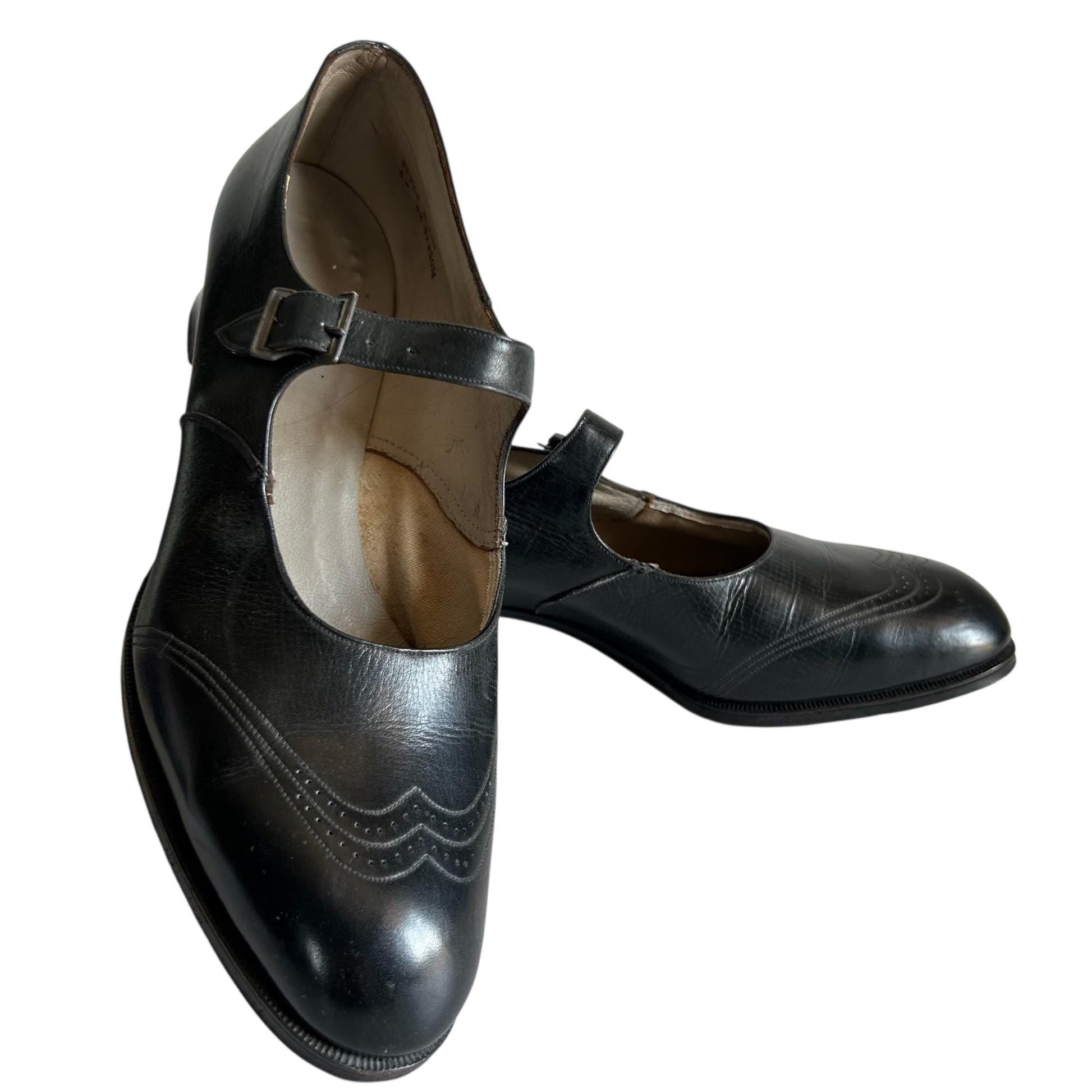 Edwardian 1910s 1920s Black Leather Mary Jane Shoes with Buckle Strap, UK Size 6 on white background - Splendid Vintage World