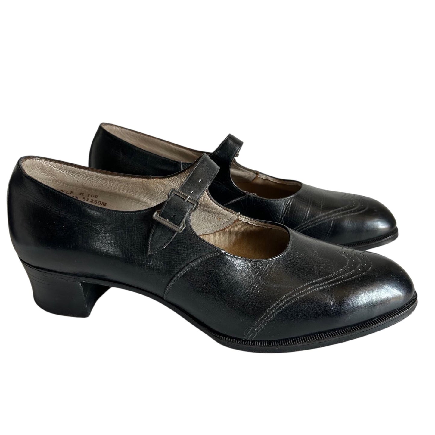 Edwardian 1920s Black Leather Mary Jane Shoes Clark's Buckle Strap, UK Size 6 on white background - Splendid Vintage World