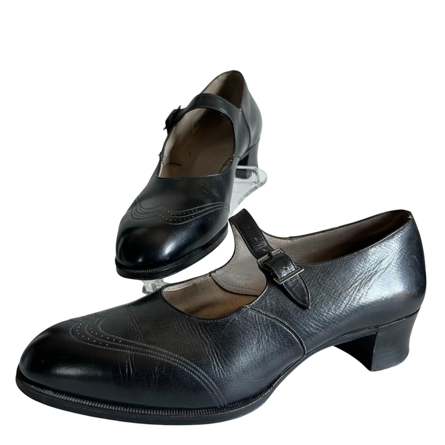 1910s Black Leather Mary Jane Shoes with Buckle Strap, UK Size 6 on white background - Splendid Vintage World