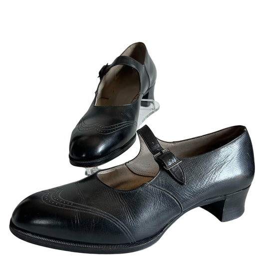 1910s Black Leather Mary Jane Shoes with Buckle Strap, UK Size 6 on white background - Splendid Vintage World