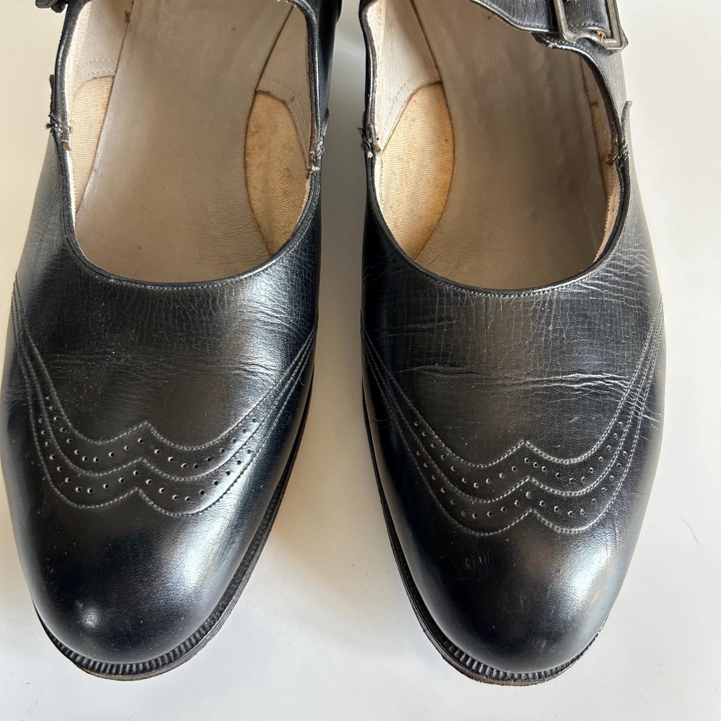 Edwardian 1920s Black Leather Mary Jane Shoes stitching detail to toes on white background, - Splendid Vintage World