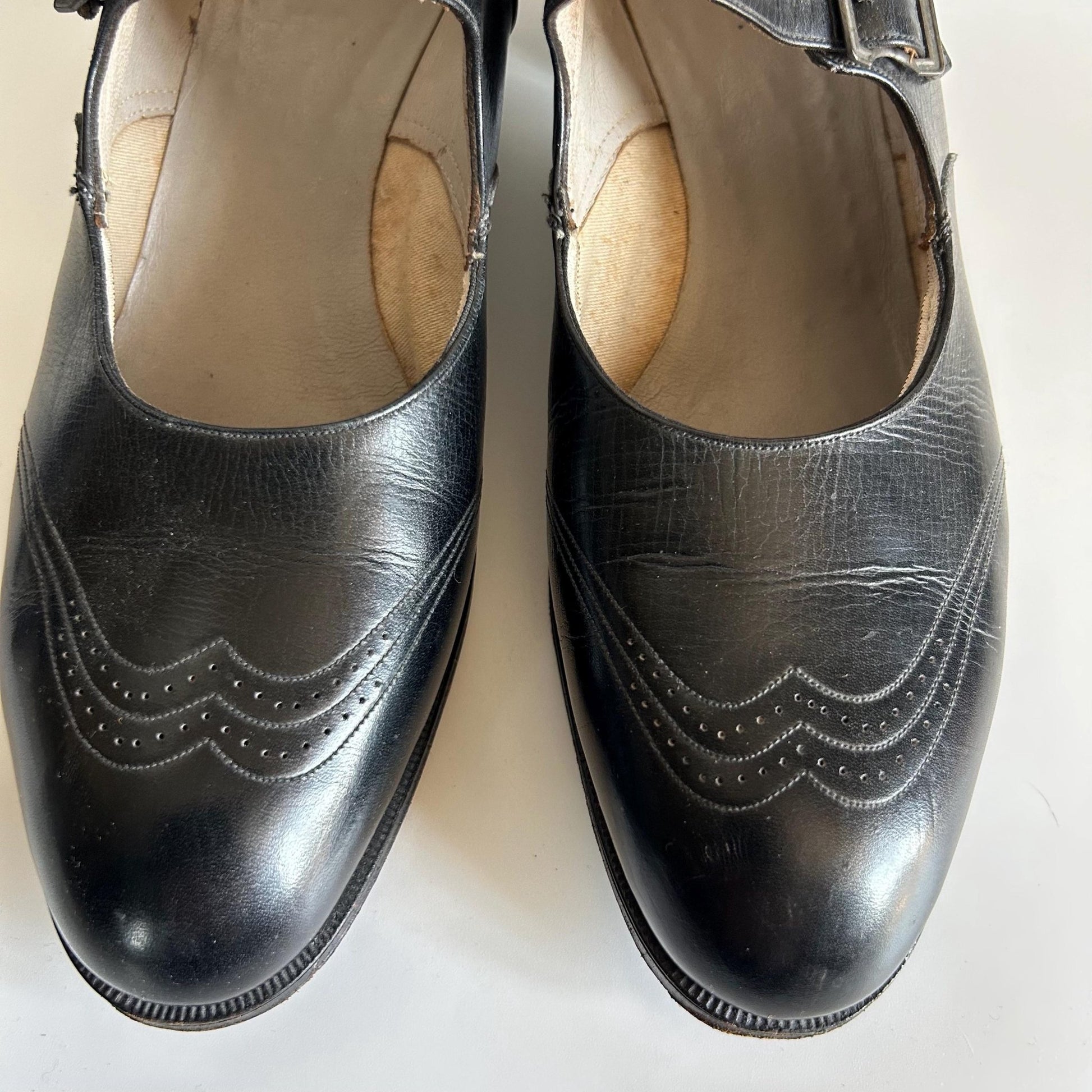 Edwardian 1920s Black Leather Mary Jane Shoes stitching detail to toes on white background, - Splendid Vintage World
