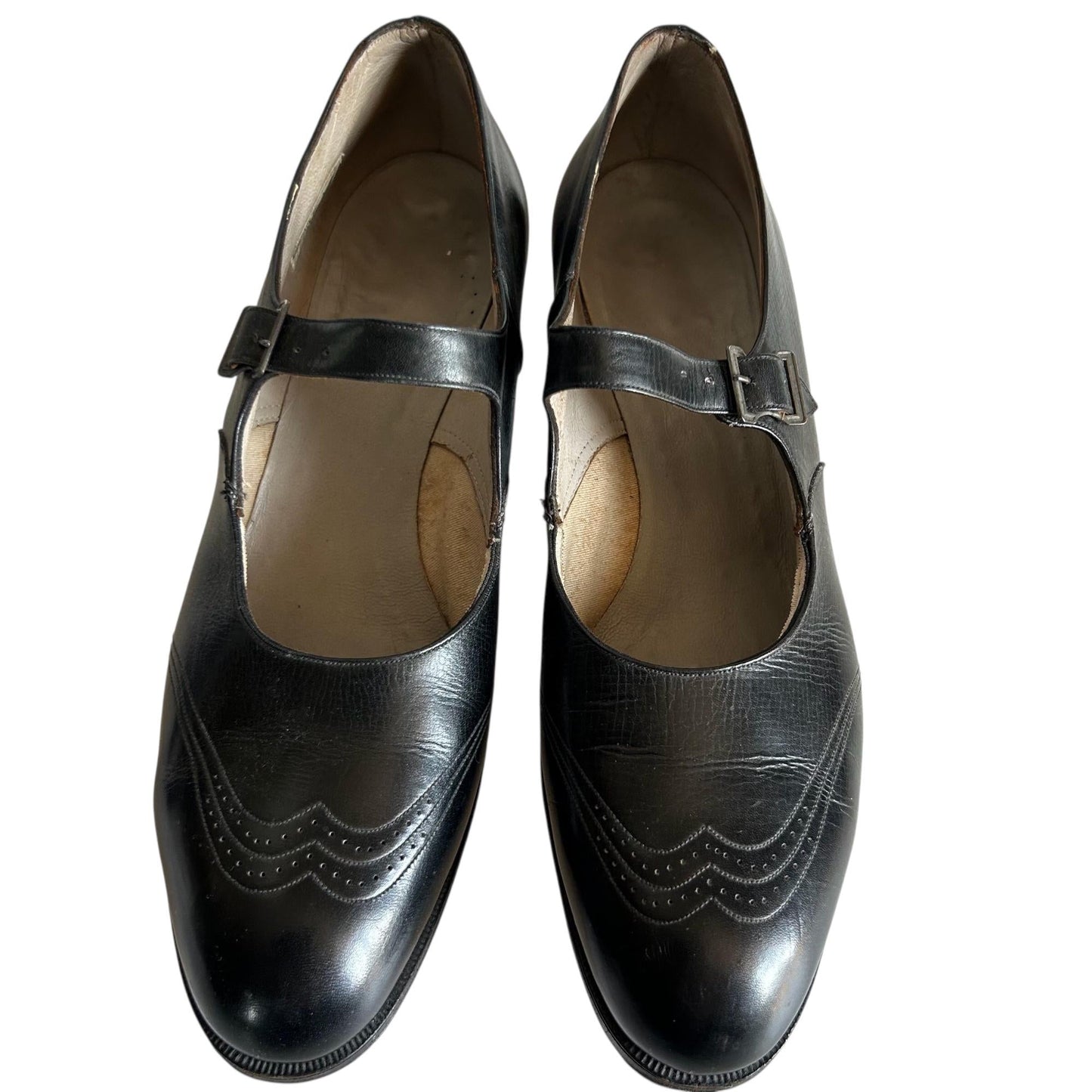 1910s Black Leather Mary Jane Shoes with Buckle Strap, UK Size 6 on white background - Splendid Vintage World