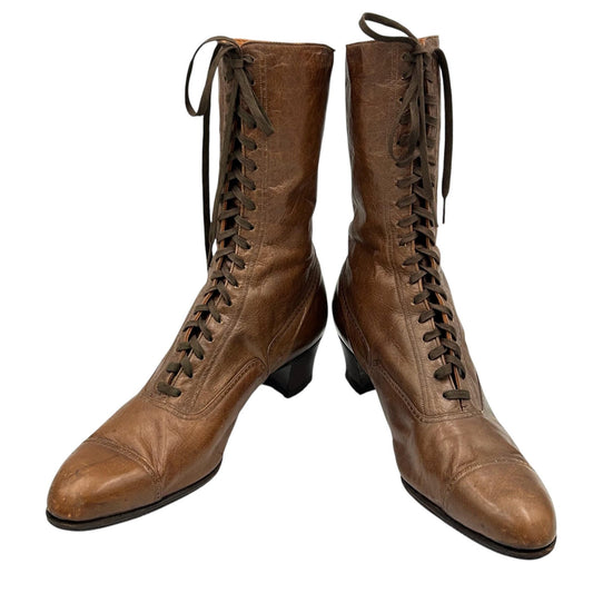 Edwardian brown leather lace up ankle boots size 6 re - heeled & re - soled - Splendid Vintage World