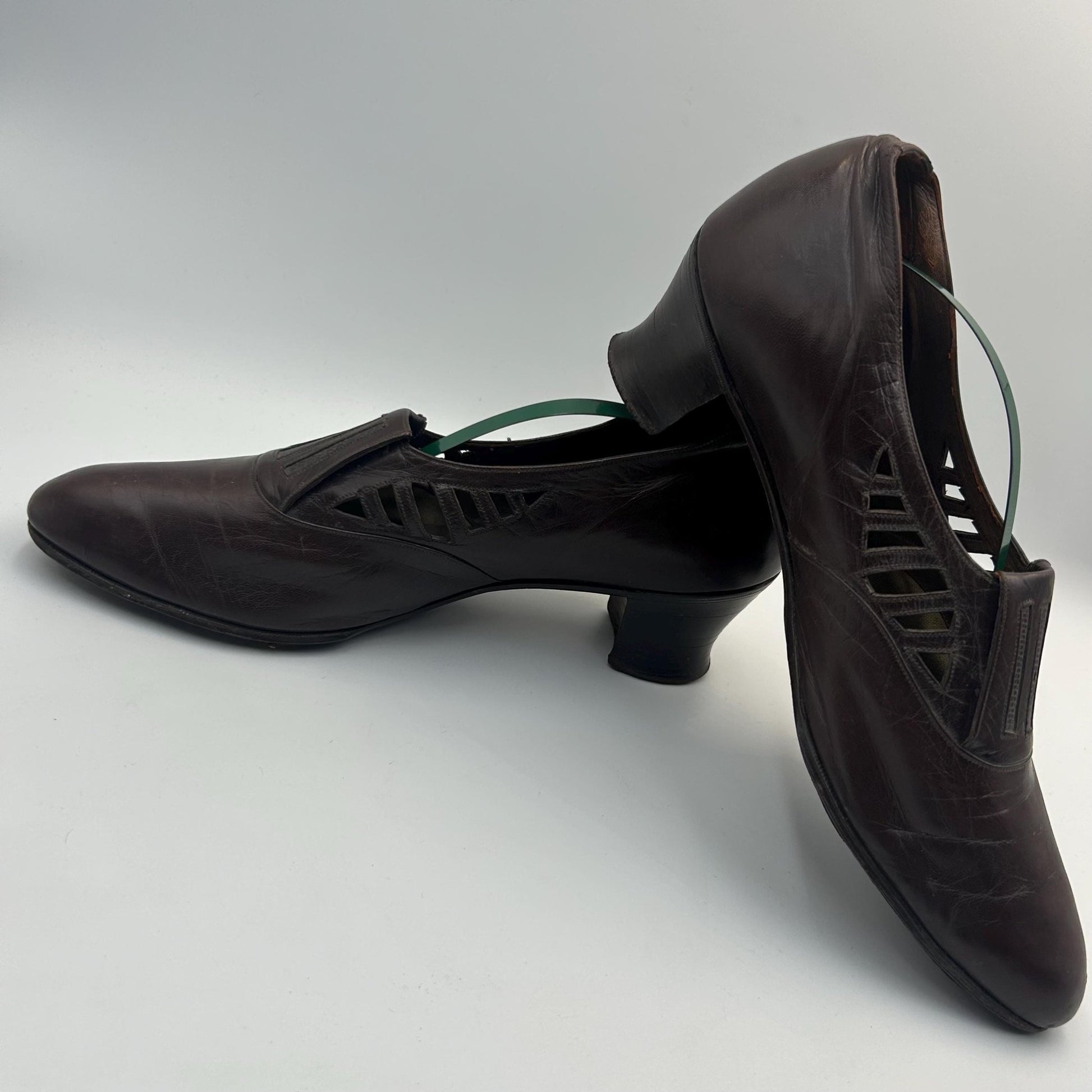 Edwardian 1910s brown Leather Shoes with Cut out Design & faux lizard inserts by J. Jacques