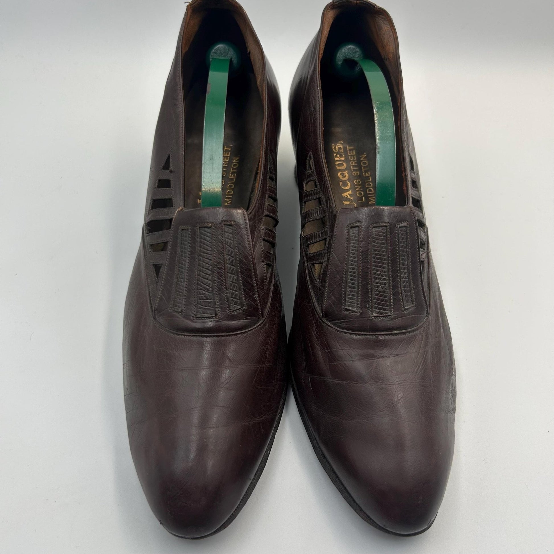 Edwardian 1910s brown Leather Shoes with Cut out Design & faux lizard inserts by J. Jacques